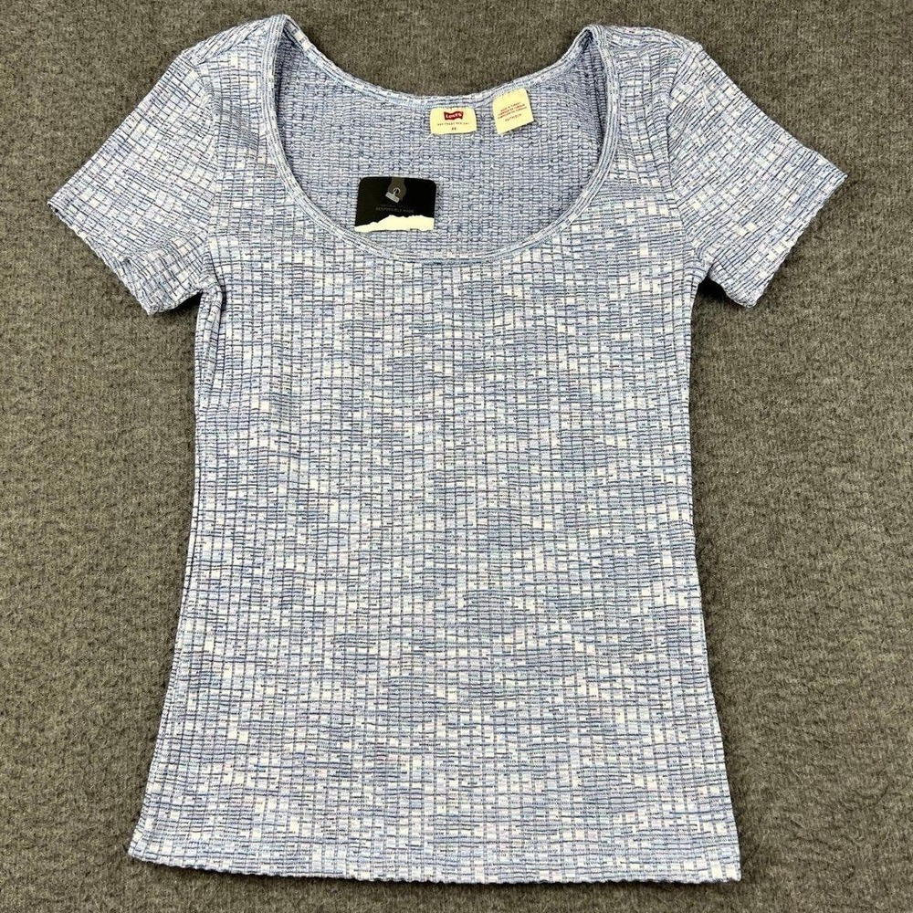 Levi's Women's XS‎ Ribbed Knit Scoop Neck Short Sleeve T-Shirt Blue White